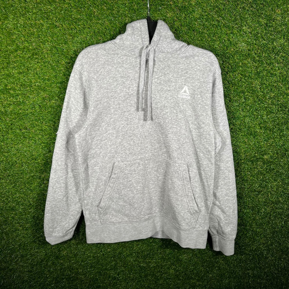 Reebok Mens Delta Logo Pullover Hoodie Heather Grey Fleece Sweatshirt Small